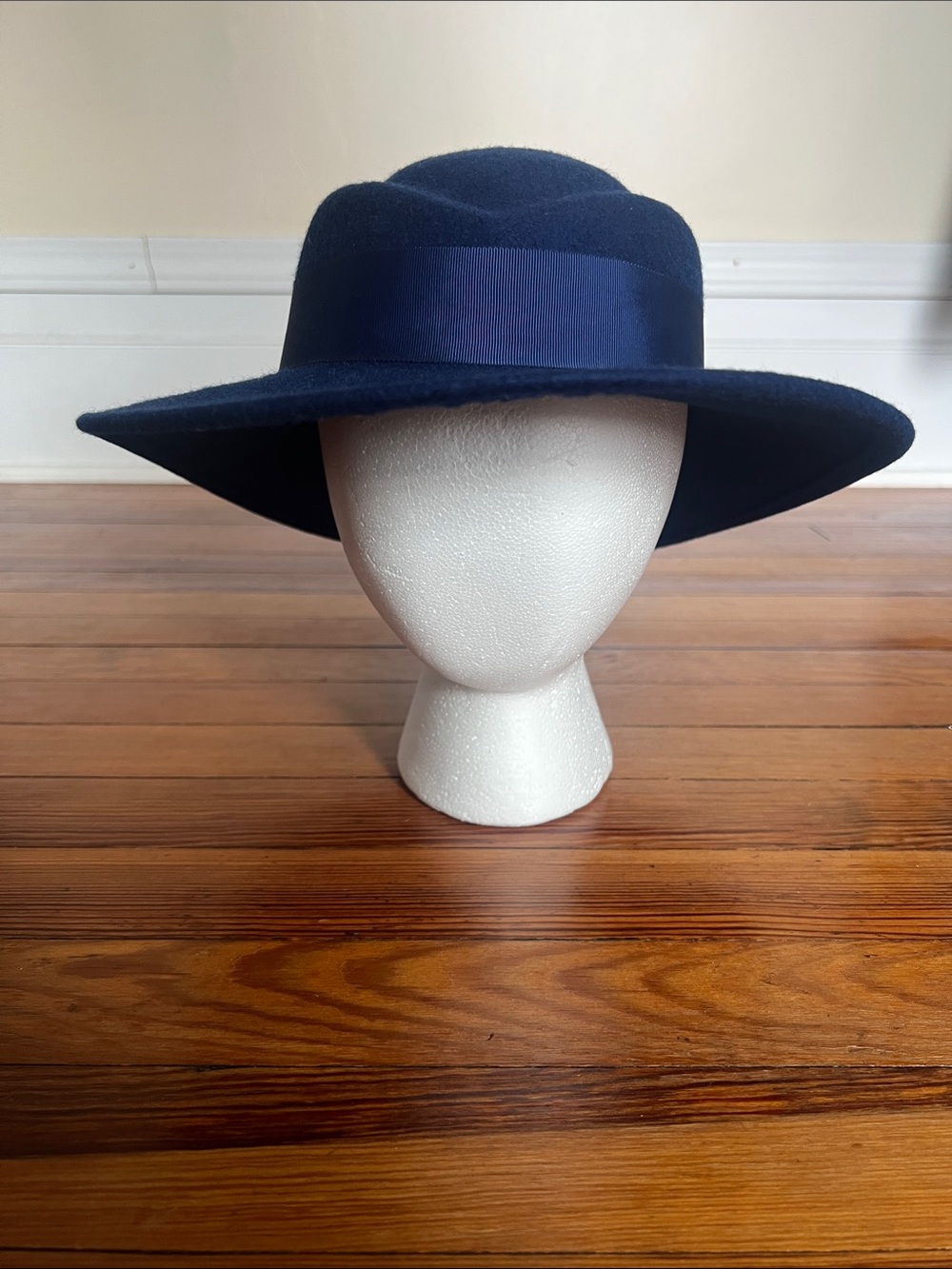 Vintage Arlin Navy Blue Wool Felt Wide Brim Fedora Hat Ribbon Bow Made in USA